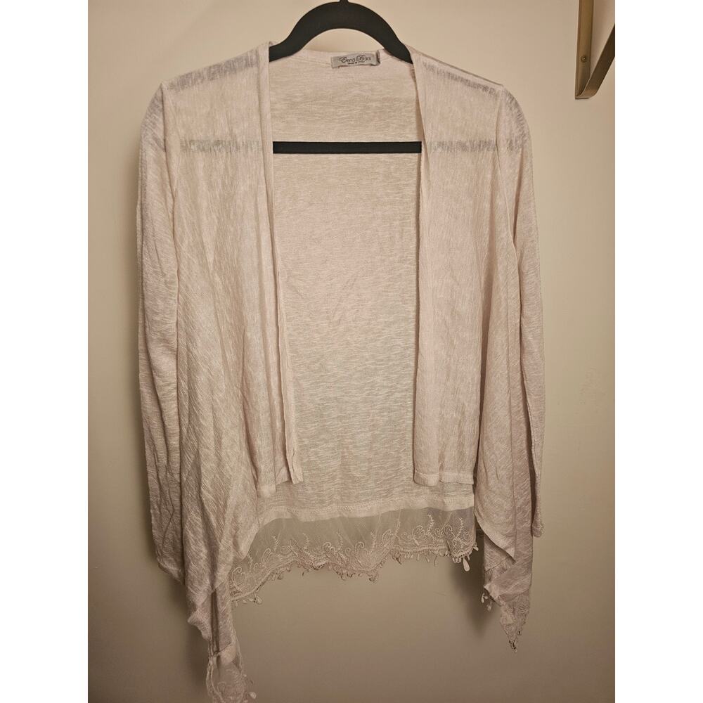 Elena Baldi Cream Open-Front Lace-Hem Cardigan Sweater